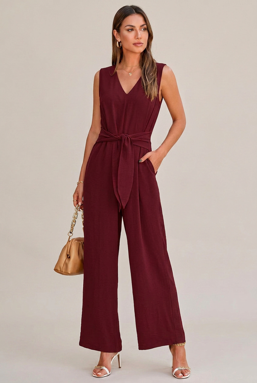 Women's V-Neck Wide-Leg Jumpsuit – Sleeveless High-Waist Belted, Retro Ice Silk Summer Jumpsuit