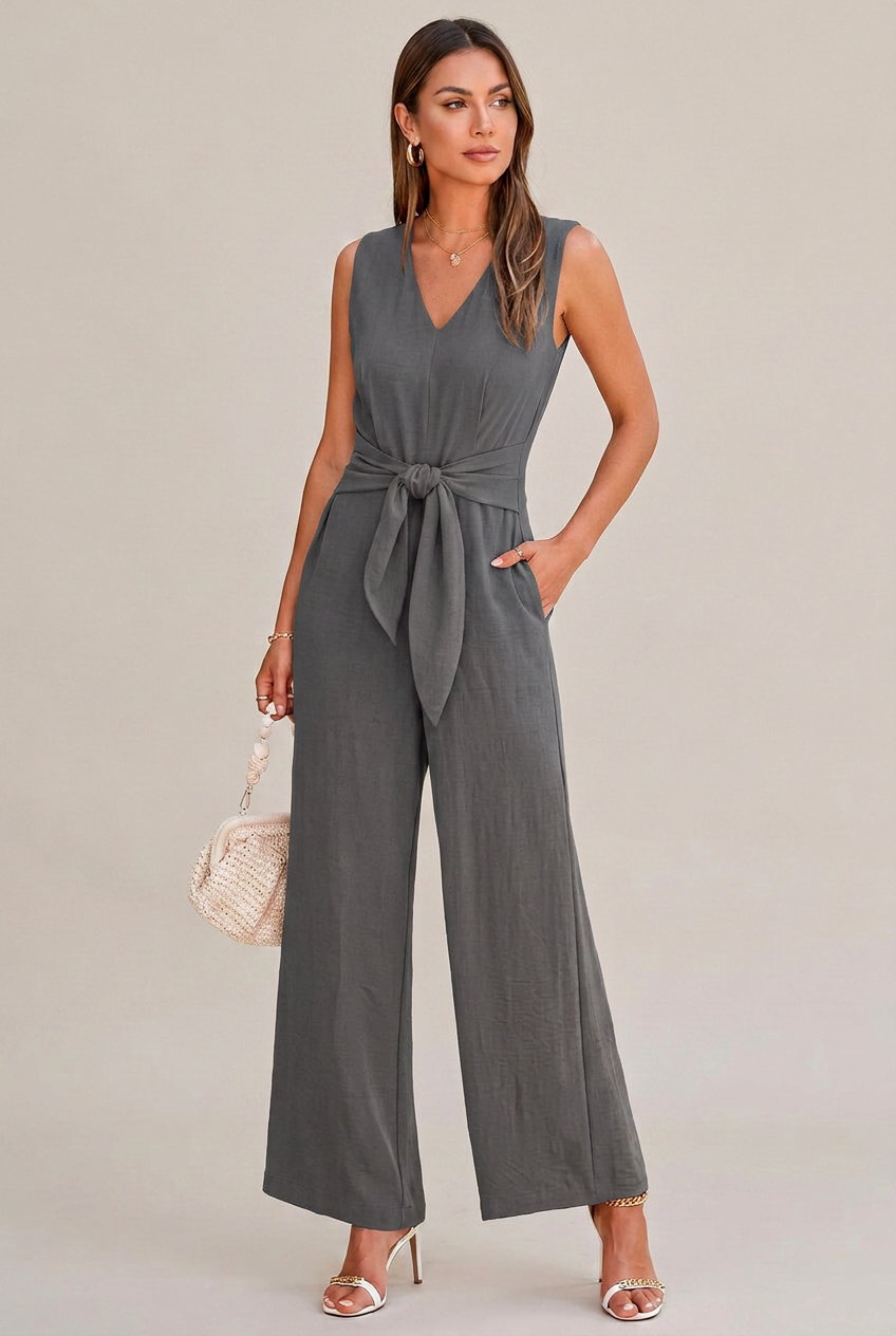 Women's V-Neck Wide-Leg Jumpsuit – Sleeveless High-Waist Belted, Retro Ice Silk Summer Jumpsuit