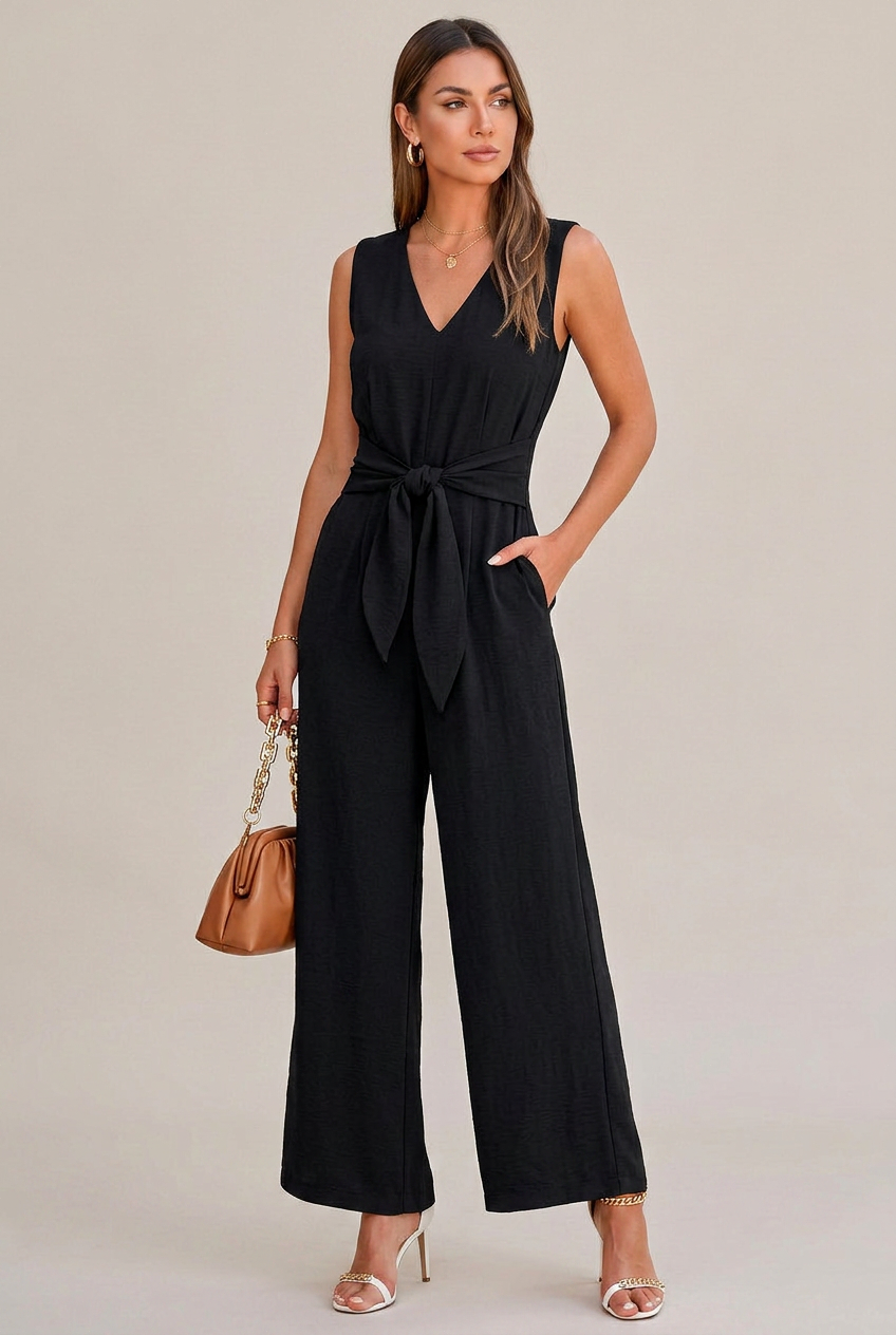 Women's V-Neck Wide-Leg Jumpsuit – Sleeveless High-Waist Belted, Retro Ice Silk Summer Jumpsuit