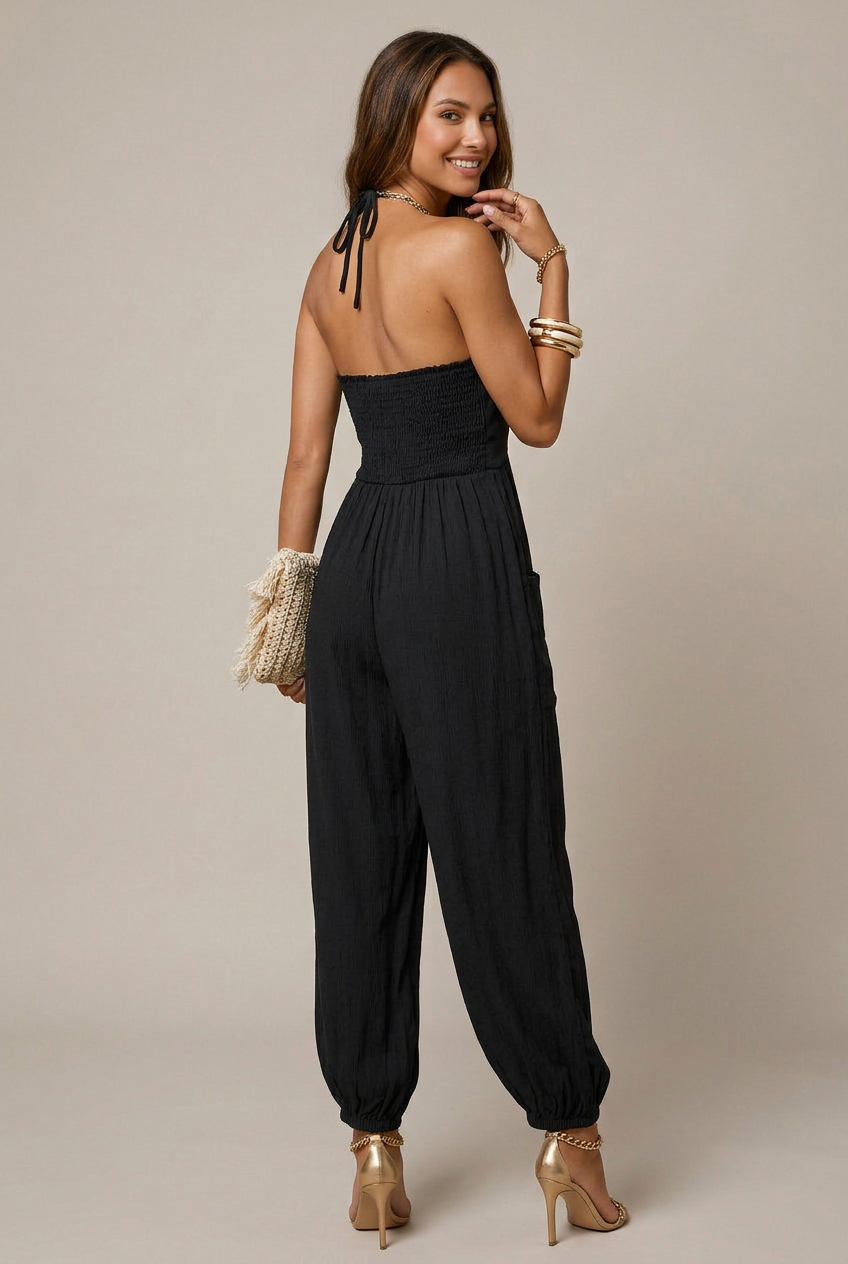 Women's Deep V-Neck Wide-Leg Jumpsuit – Sleeveless, High-Waist, Pleated Back Lace-Up