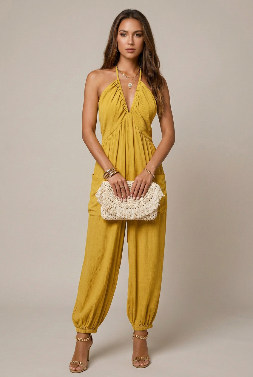 Women's Deep V-Neck Wide-Leg Jumpsuit – Sleeveless, High-Waist, Pleated Back Lace-Up