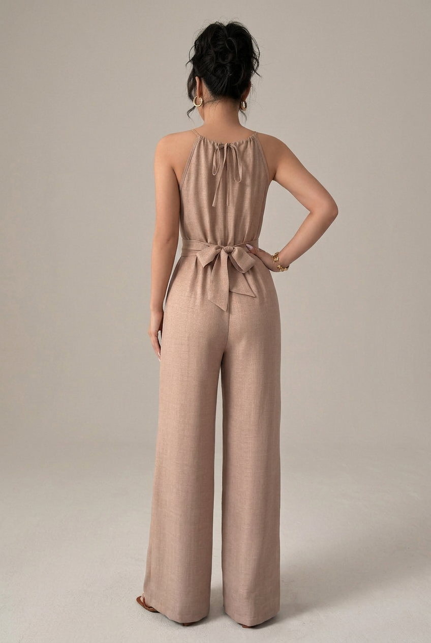 Women's Khaki Pleated Off-Shoulder Jumpsuit – High-Waist Straight-Leg, Beaded Belt Lace-Up Summer Jumpsuit