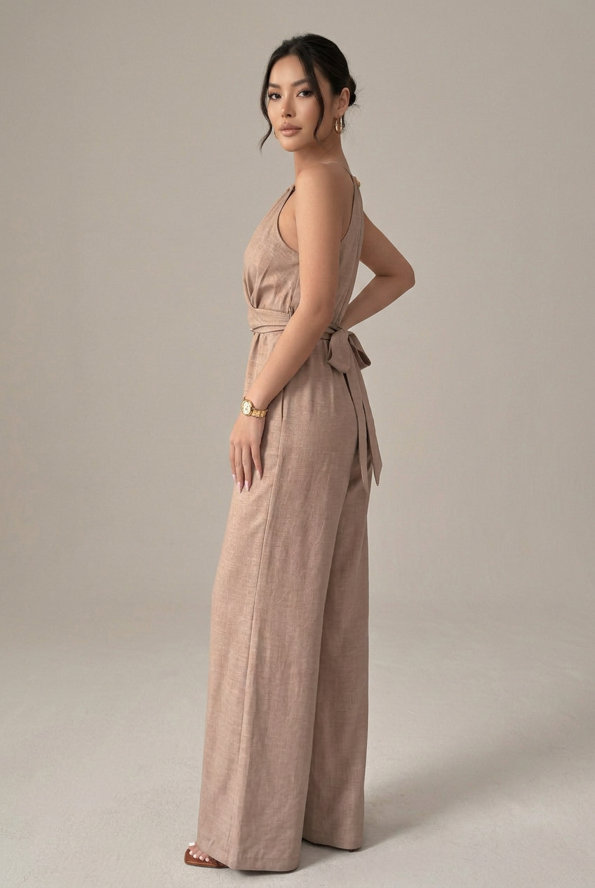 Women's Khaki Pleated Off-Shoulder Jumpsuit – High-Waist Straight-Leg, Beaded Belt Lace-Up Summer Jumpsuit