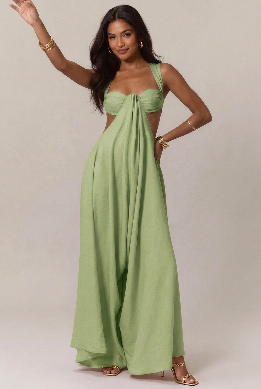 Women's Lace-Up Strap Jumpsuit – High-Waist Loose Fit, Sleeveless Ice Silk Full-Length Summer Jumpsuit