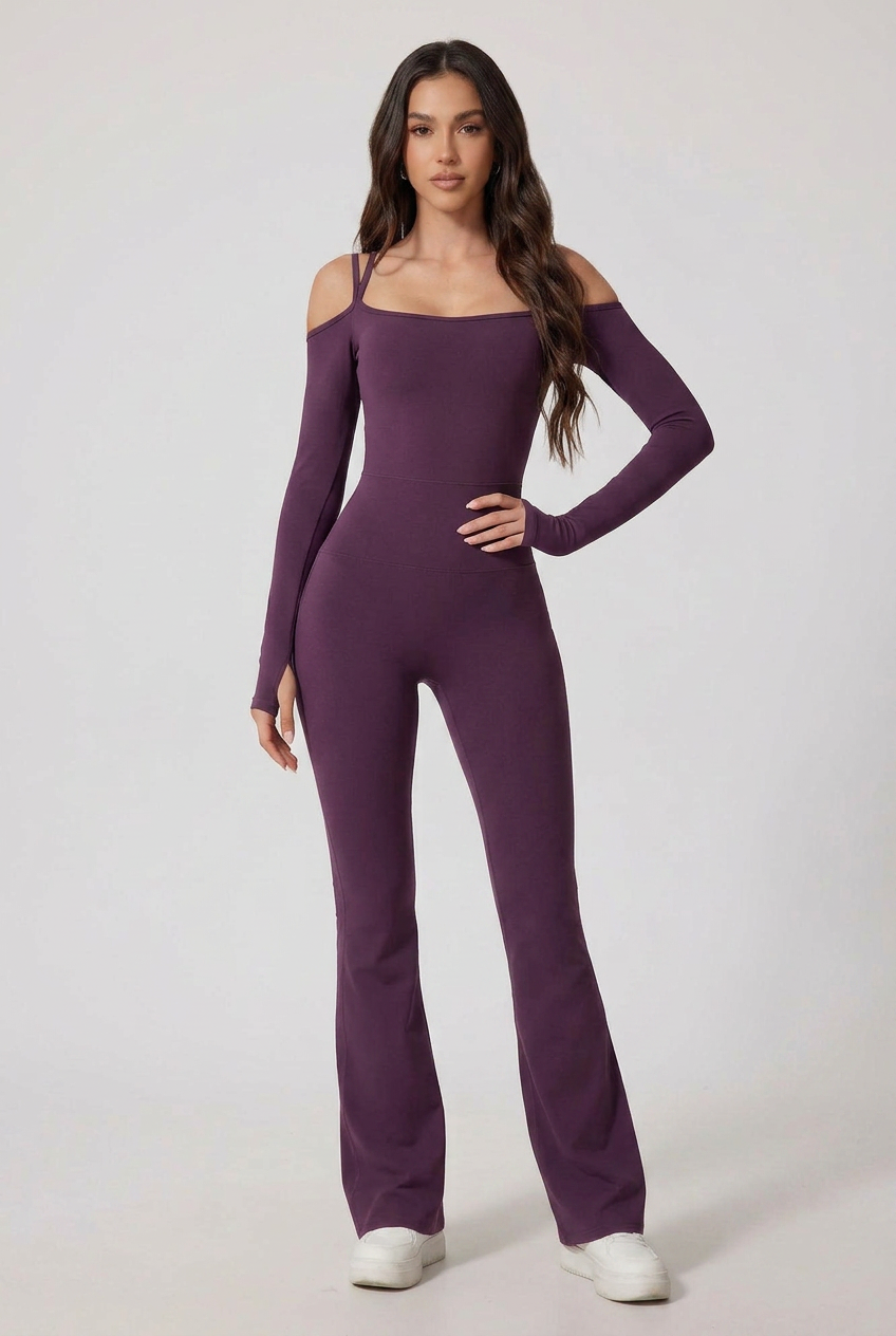 Women’s Off-Shoulder Long Sleeve Jumpsuit – Flared Pants, Backless Chic, Stretchy Nylon