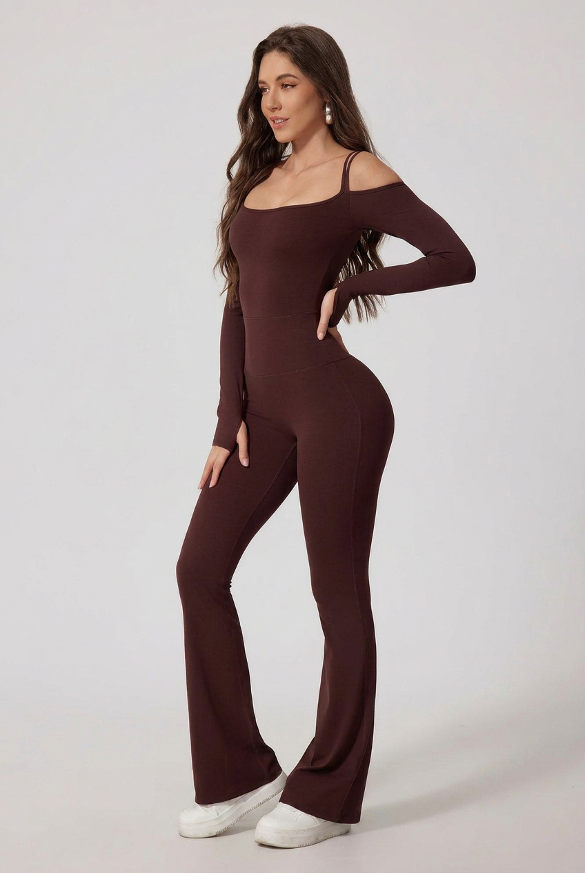Women’s Off-Shoulder Long Sleeve Jumpsuit – Flared Pants, Backless Chic, Stretchy Nylon