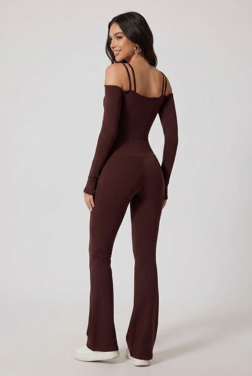 Women’s Off-Shoulder Long Sleeve Jumpsuit – Flared Pants, Backless Chic, Stretchy Nylon