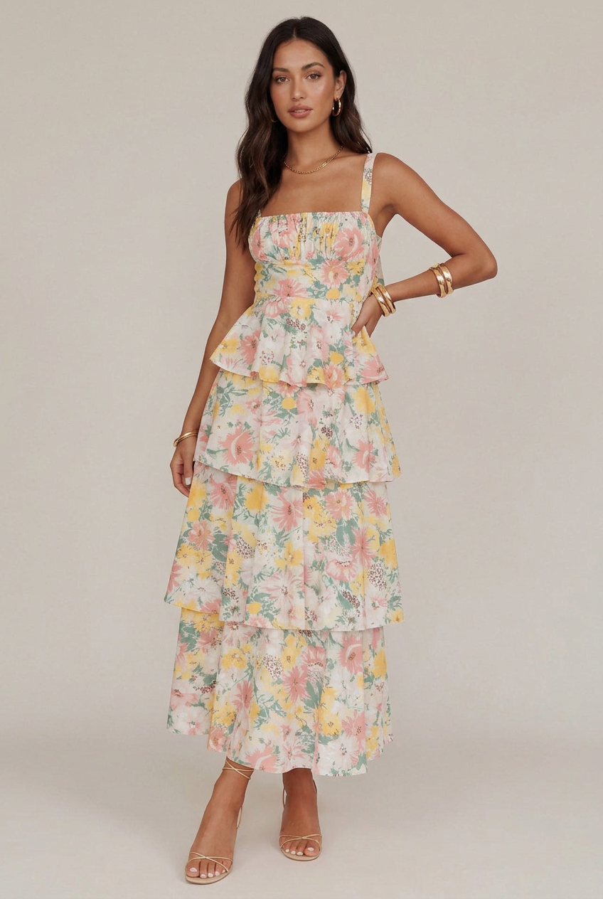 Women's Floral Print Midi Sling Dress – Satin Slim-Fit, Tiered Cake Skirt, Sleeveless Mid-Waist Summer Style