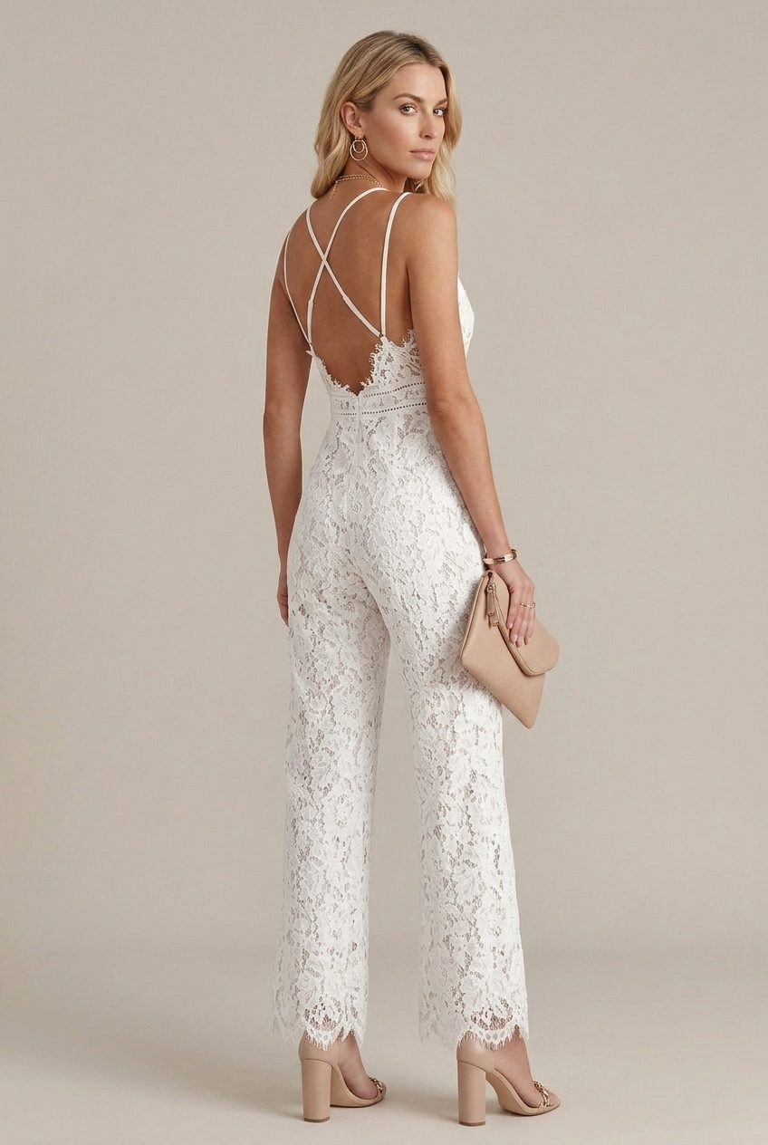 Women’s Elegant Lace Jumpsuit – Mid-Waist, Full-Length Trousers, Breathable Lining