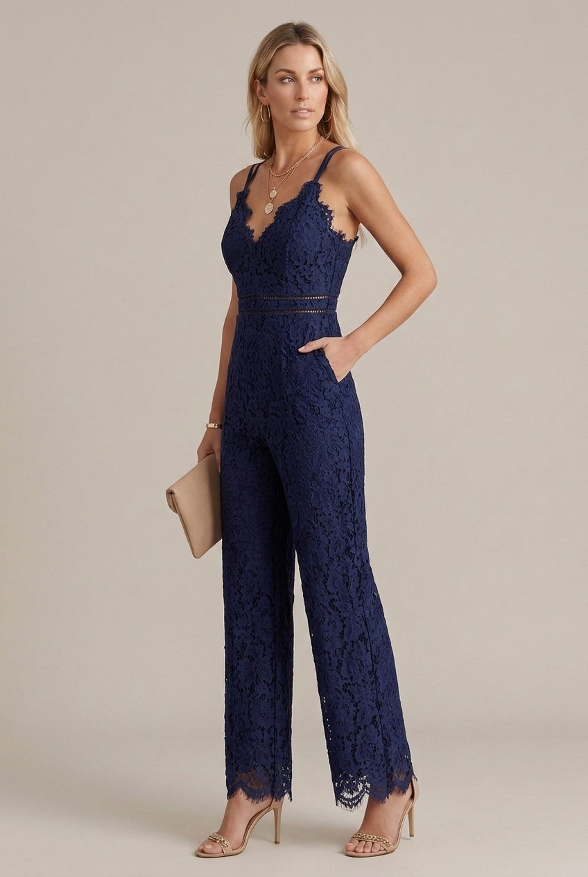 Women’s Elegant Lace Jumpsuit – Mid-Waist, Full-Length Trousers, Breathable Lining