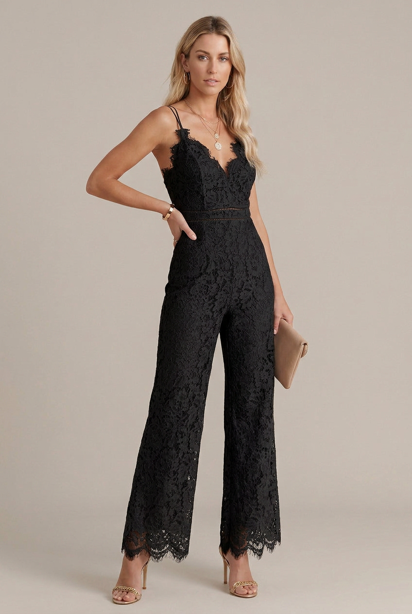 Women’s Elegant Lace Jumpsuit – Mid-Waist, Full-Length Trousers, Breathable Lining