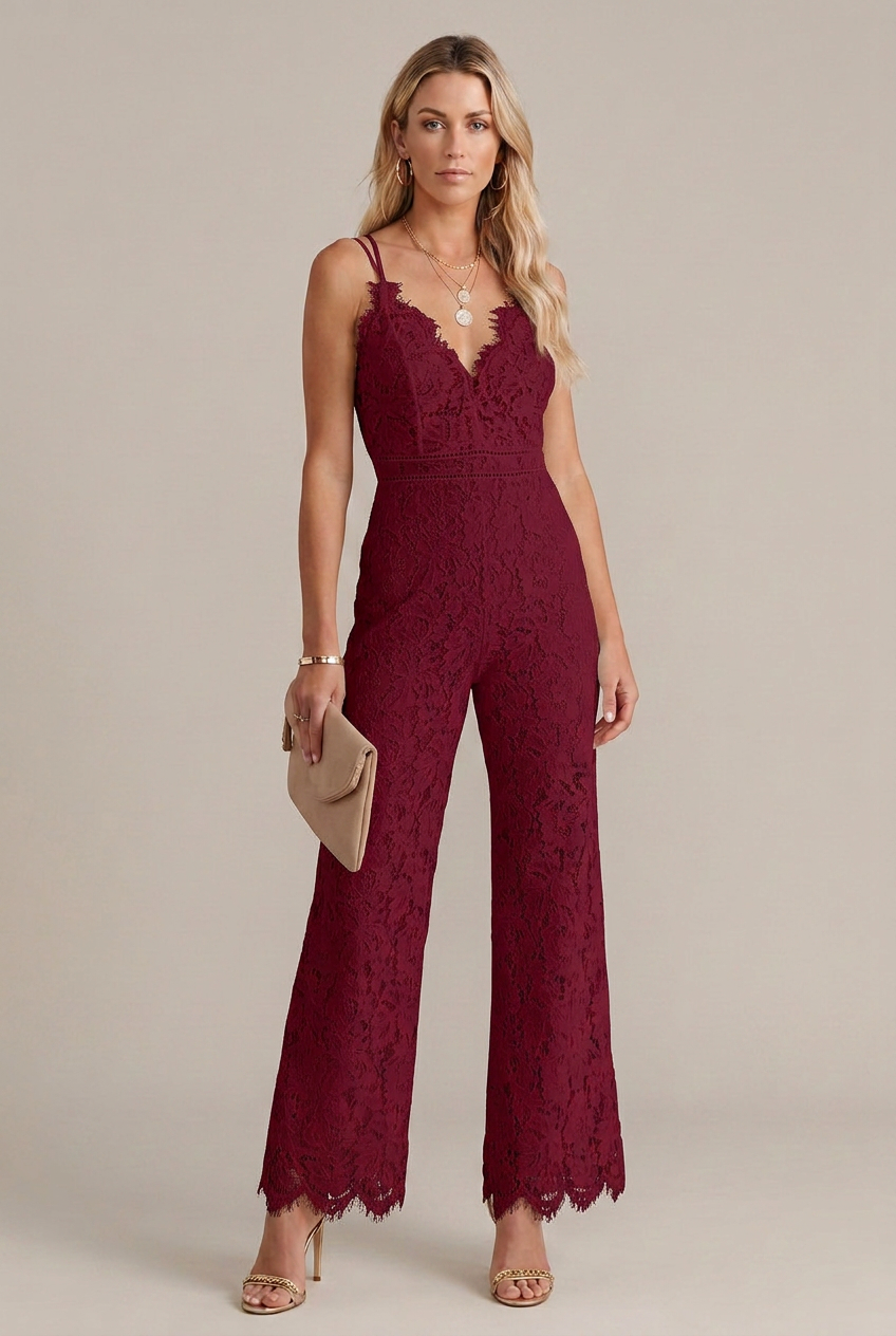 Women’s Elegant Lace Jumpsuit – Mid-Waist, Full-Length Trousers, Breathable Lining