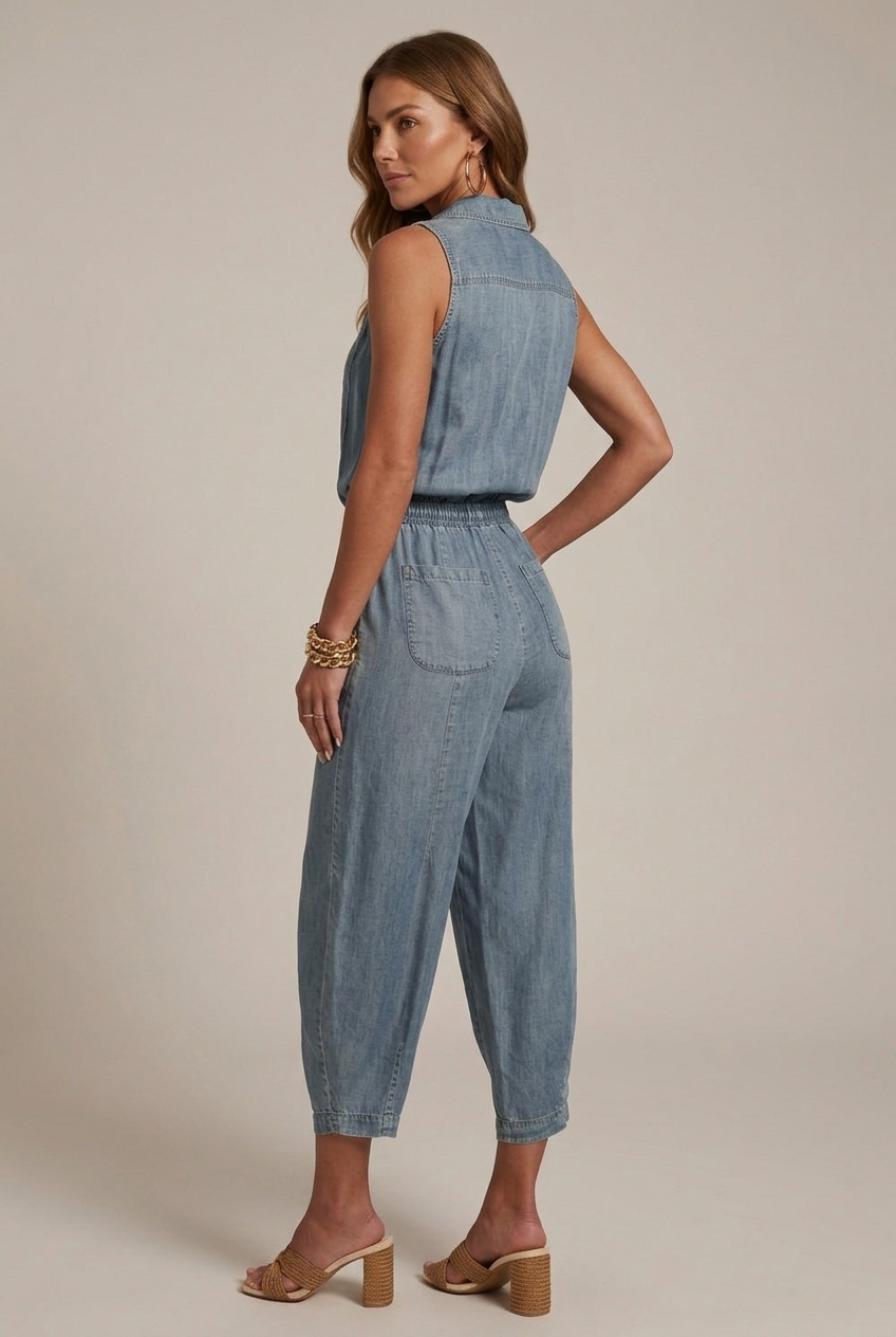 Women’s Sleeveless Denim Jumpsuit – Elastic Waist, Straight Leg, Summer Casual