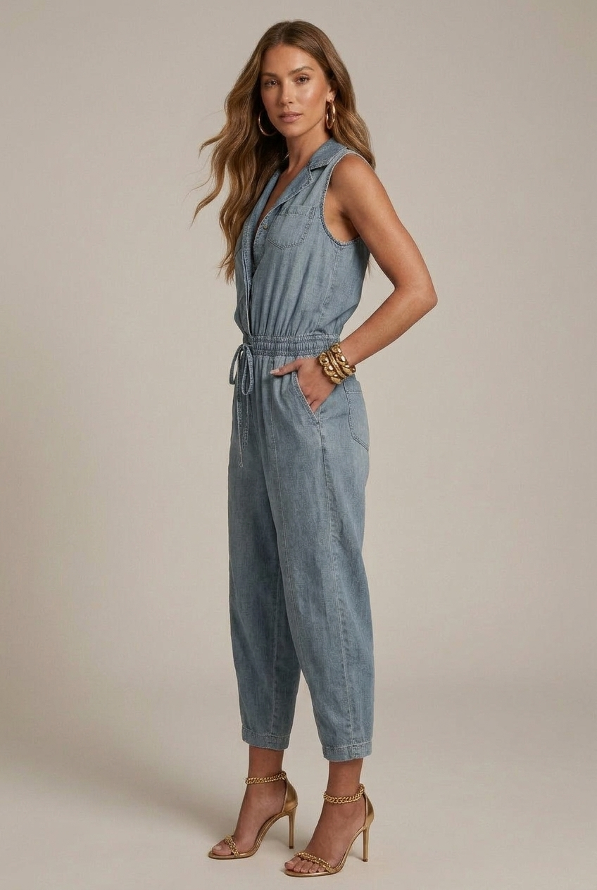 Women’s Sleeveless Denim Jumpsuit – Elastic Waist, Straight Leg, Summer Casual