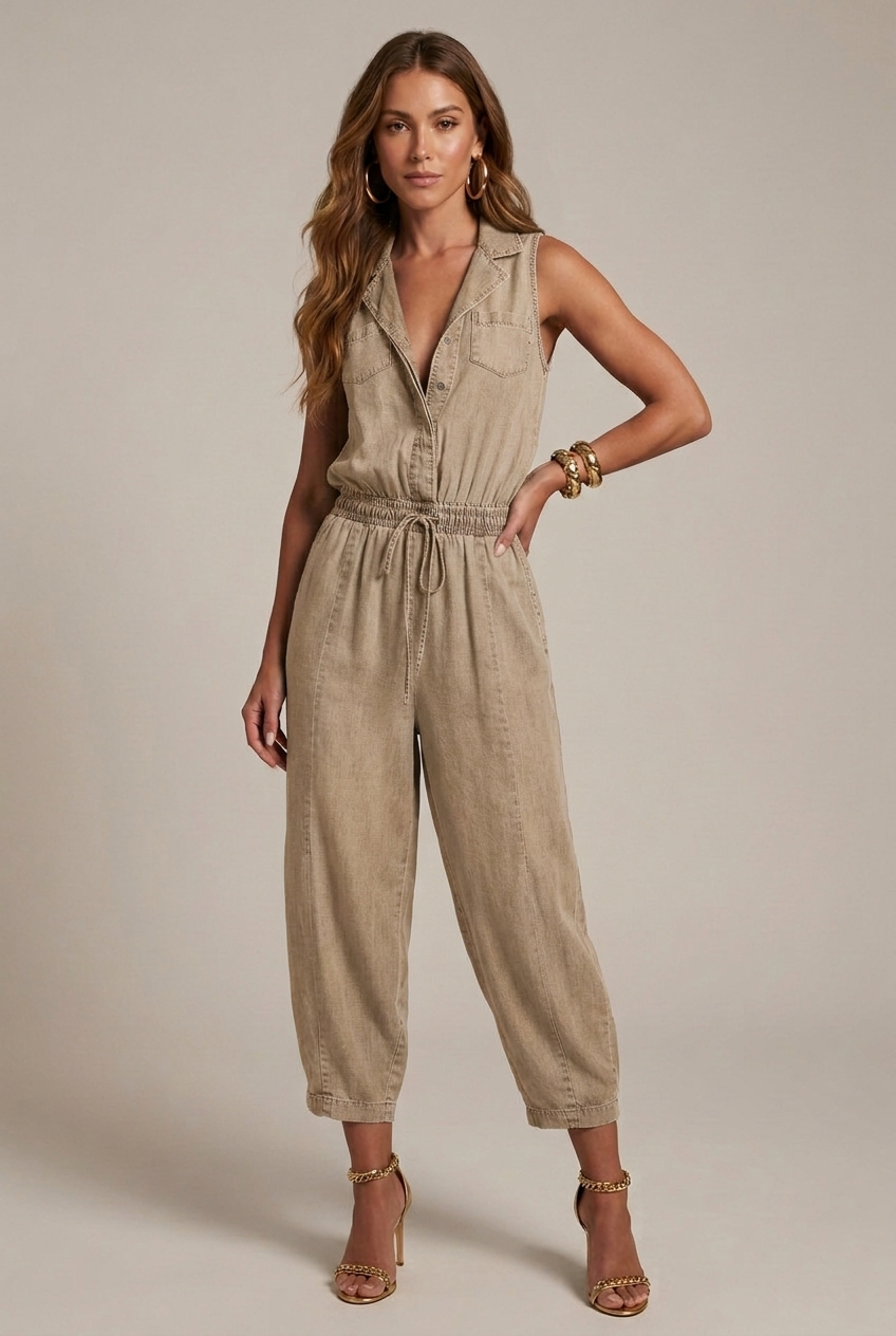 Women’s Sleeveless Denim Jumpsuit – Elastic Waist, Straight Leg, Summer Casual