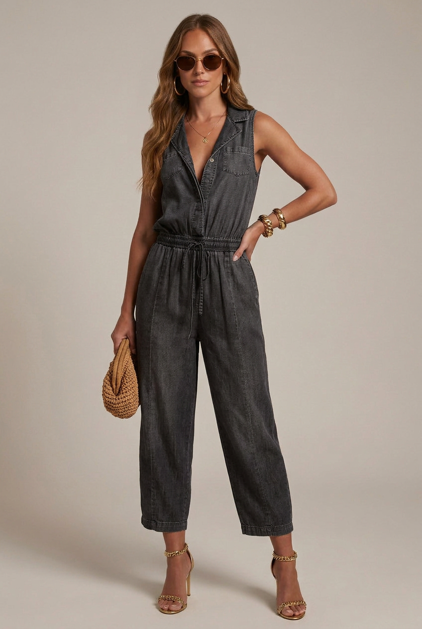 Women’s Sleeveless Denim Jumpsuit – Elastic Waist, Straight Leg, Summer Casual
