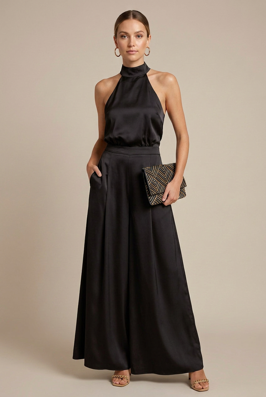 Women’s Off-Shoulder High-Waist Jumpsuit – Wide-Leg Pants, Strapless Chic, Summer Casual