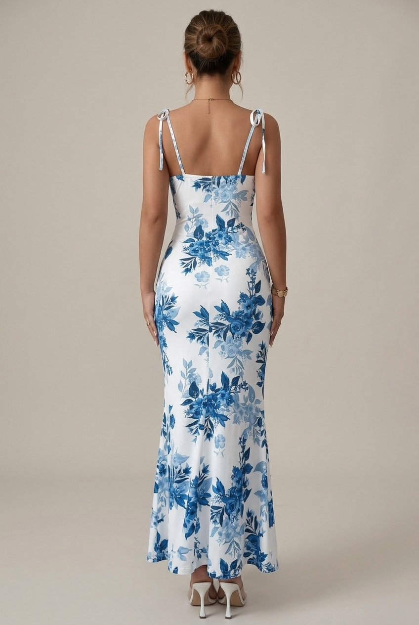 Women’s Floral Spaghetti Strap Slim-Fit Dress – Side Slit, High Waist, Mid-Length