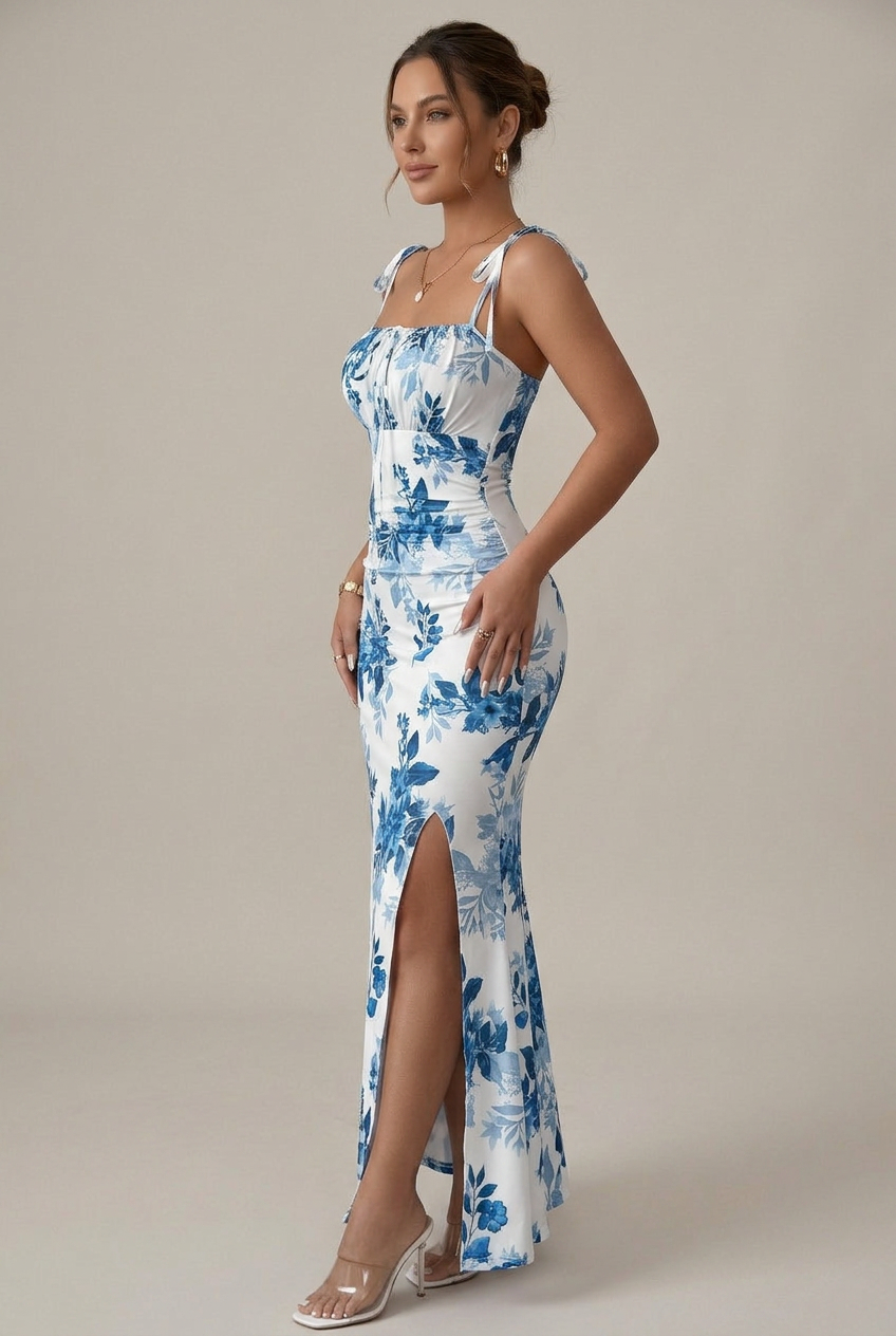 Women’s Floral Spaghetti Strap Slim-Fit Dress – Side Slit, High Waist, Mid-Length