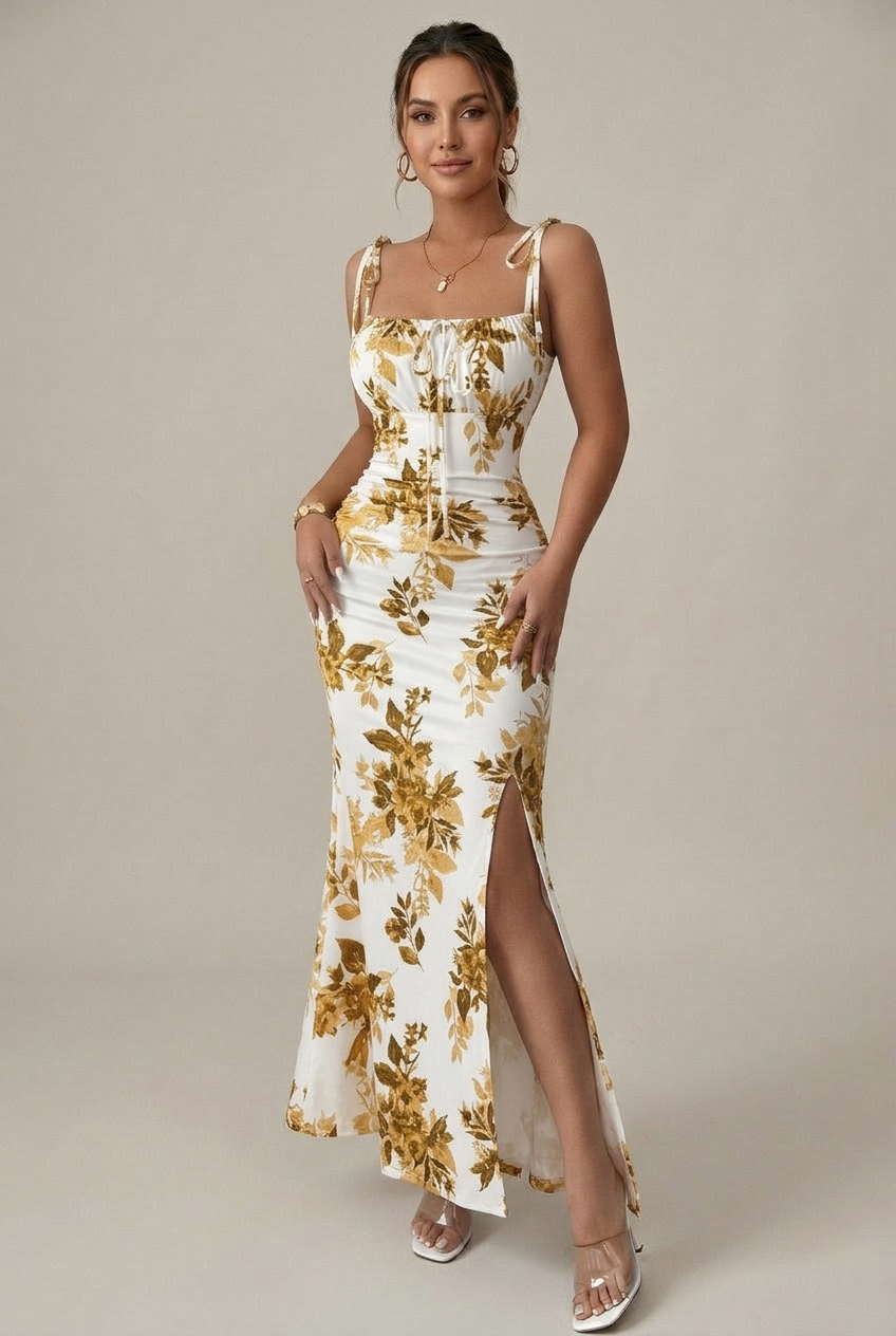 Women’s Floral Spaghetti Strap Slim-Fit Dress – Side Slit, High Waist, Mid-Length