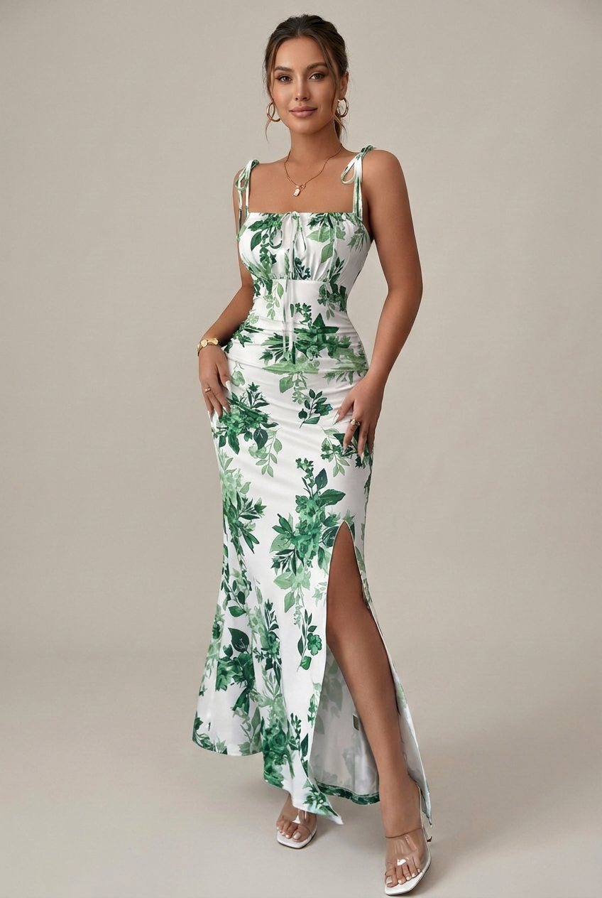Women’s Floral Spaghetti Strap Slim-Fit Dress – Side Slit, High Waist, Mid-Length