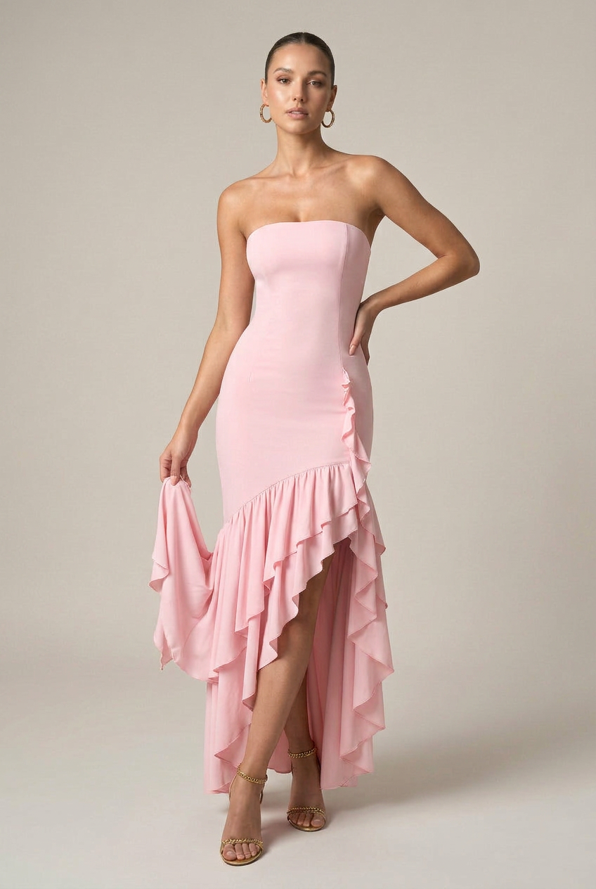 Women's Off-Shoulder Asymmetrical Maxi Dress – Strapless High-Waist, Lotus Ruffle Hem, Sleeveless Long Dress