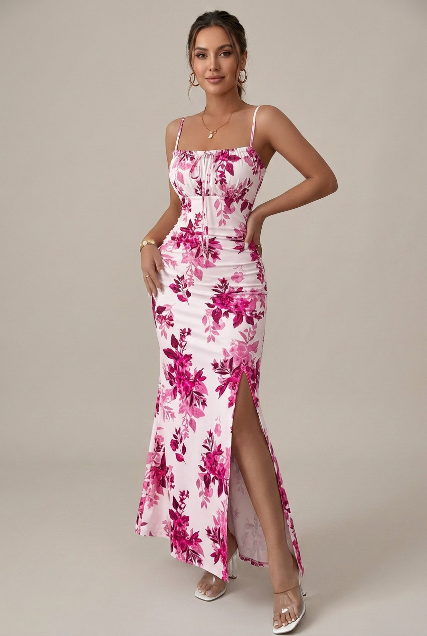Women’s Floral Spaghetti Strap Slim-Fit Dress – Side Slit, High Waist, Mid-Length