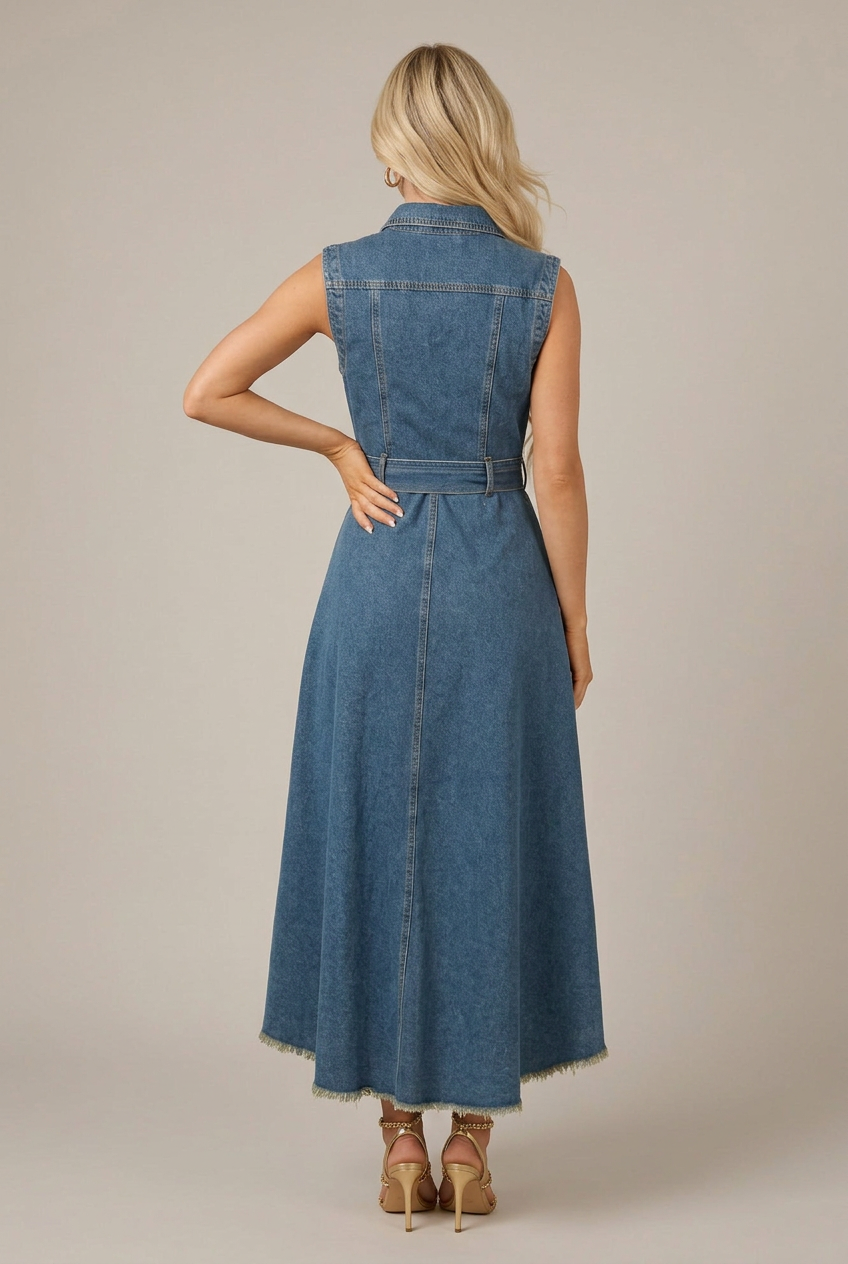 Women's Sleeveless Denim Midi Dress – Lace-Up Waist, Irregular Hem, Button-Front Lapel Collar