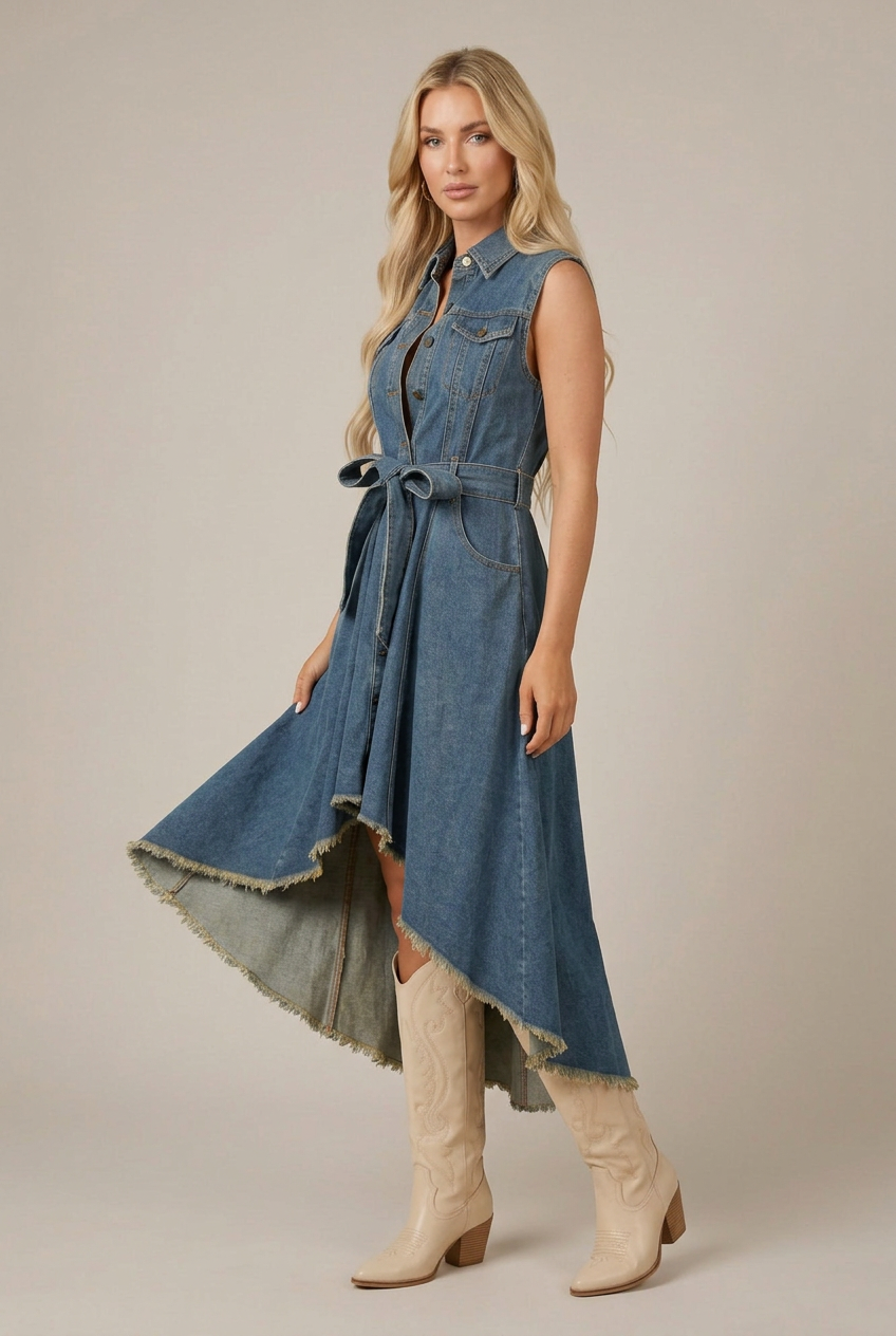 Women's Sleeveless Denim Midi Dress – Lace-Up Waist, Irregular Hem, Button-Front Lapel Collar