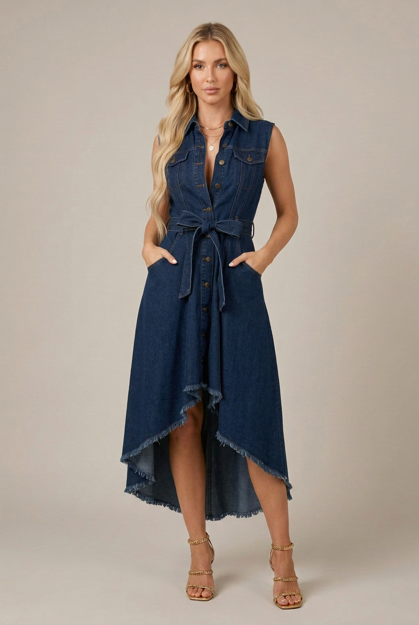 Women's Sleeveless Denim Midi Dress – Lace-Up Waist, Irregular Hem, Button-Front Lapel Collar