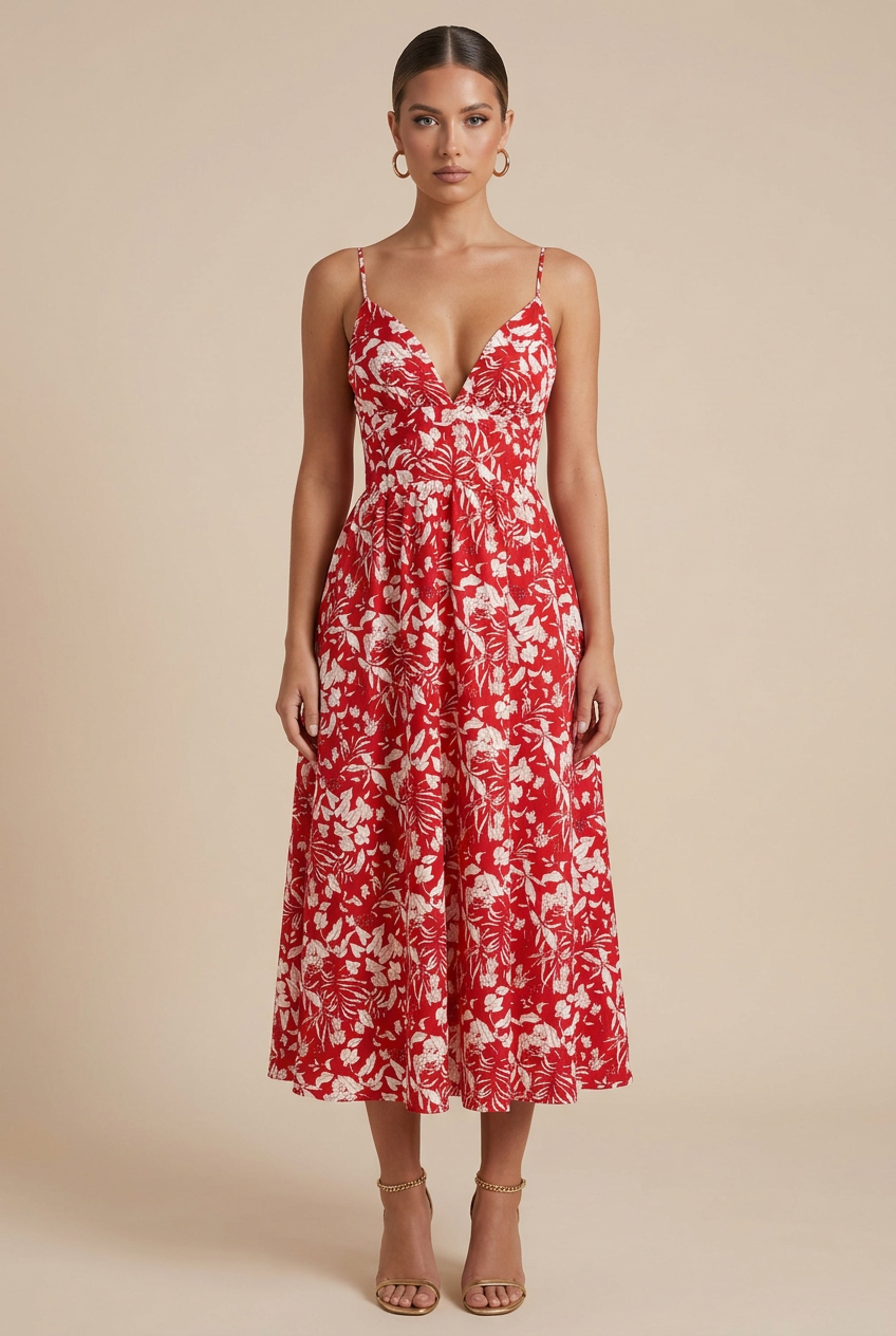 Women’s Floral Backless Midi Dress – Spaghetti Strap, V-Neck, A-Line Summer Style