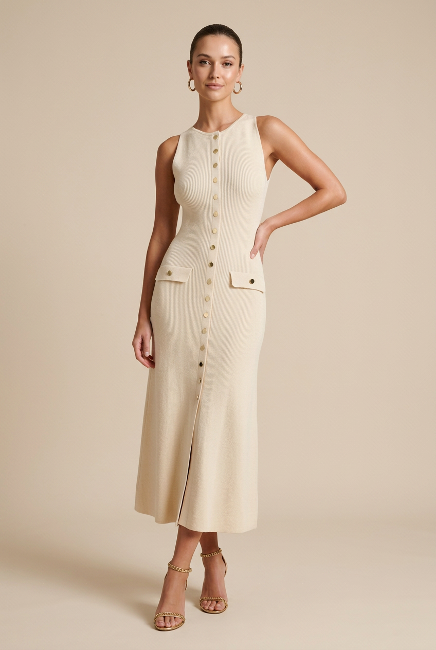 Women’s Summer Sleeveless Knit Midi Dress – Round Neck, Slim-Fit Bodycon Style