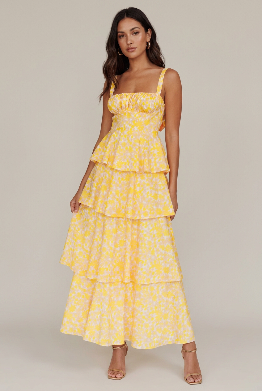 Women's Floral Print Midi Sling Dress – Satin Slim-Fit, Tiered Cake Skirt, Sleeveless Mid-Waist Summer Style