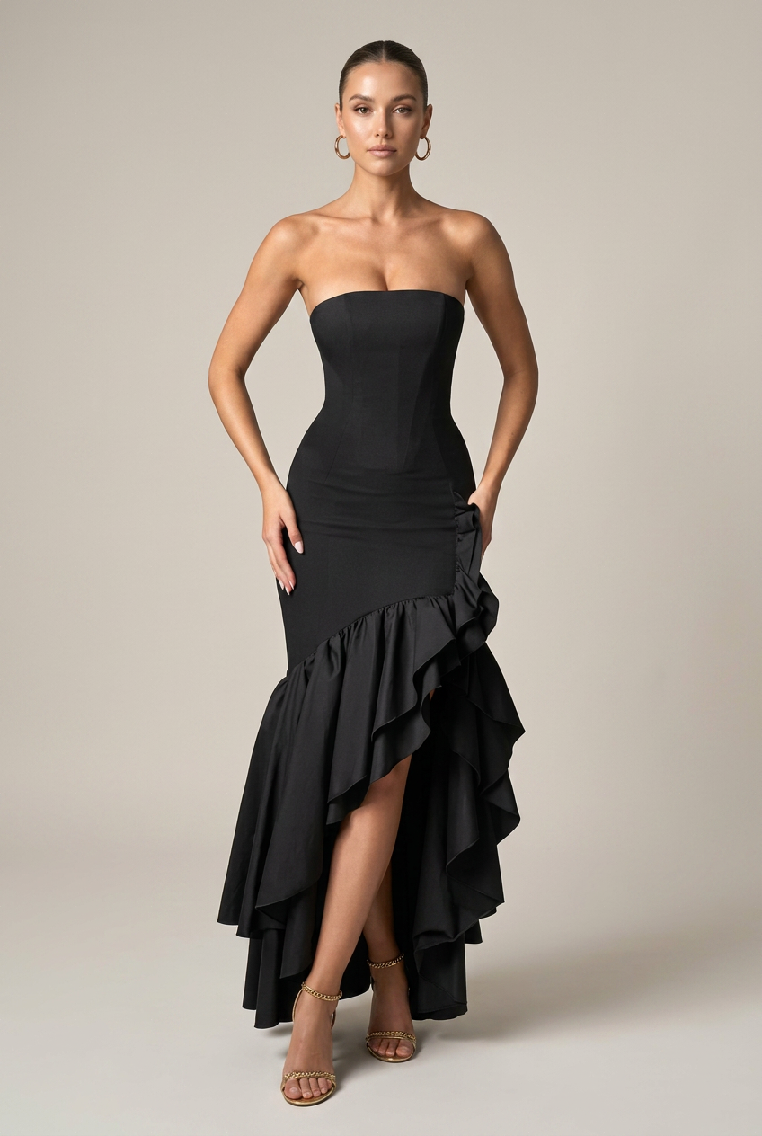 Women's Off-Shoulder Asymmetrical Maxi Dress – Strapless High-Waist, Lotus Ruffle Hem, Sleeveless Long Dress