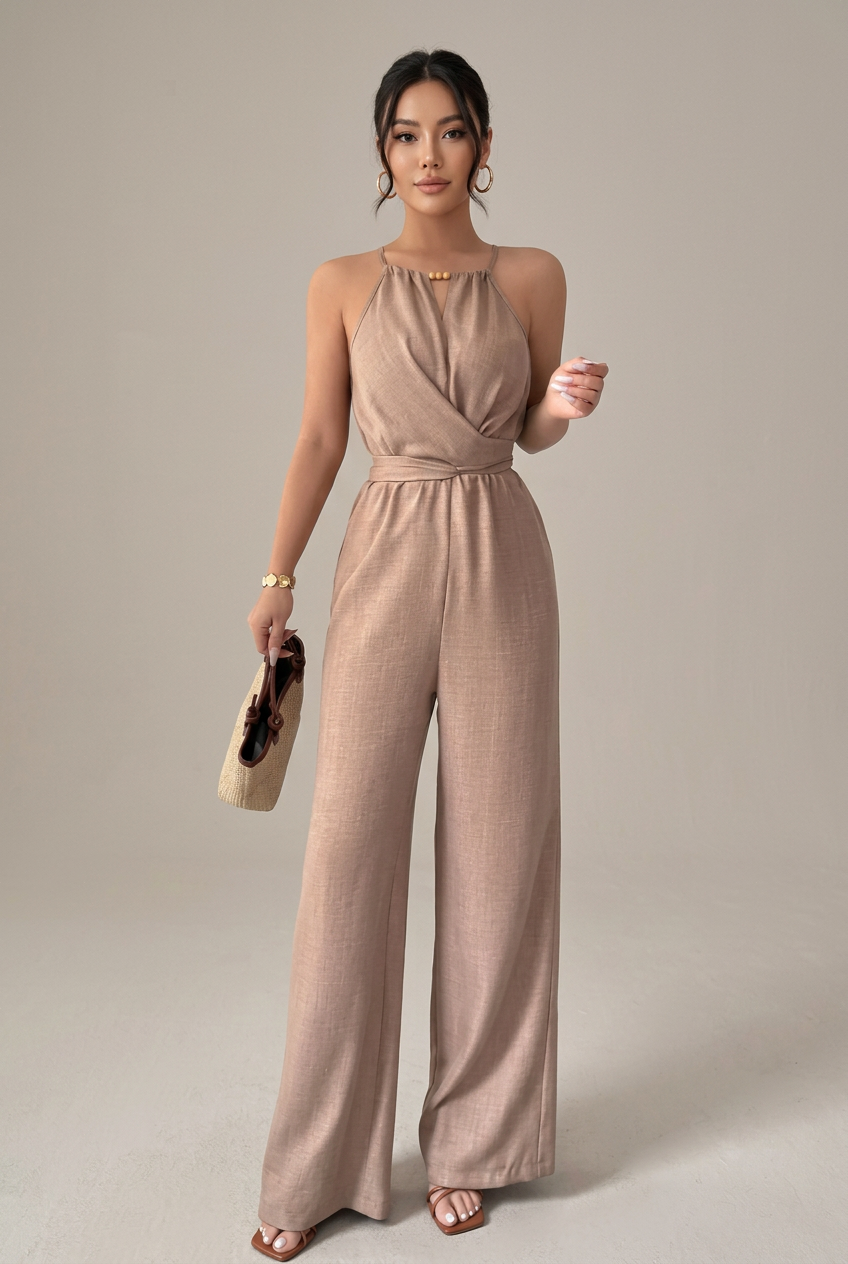 Women's Khaki Pleated Off-Shoulder Jumpsuit – High-Waist Straight-Leg, Beaded Belt Lace-Up Summer Jumpsuit
