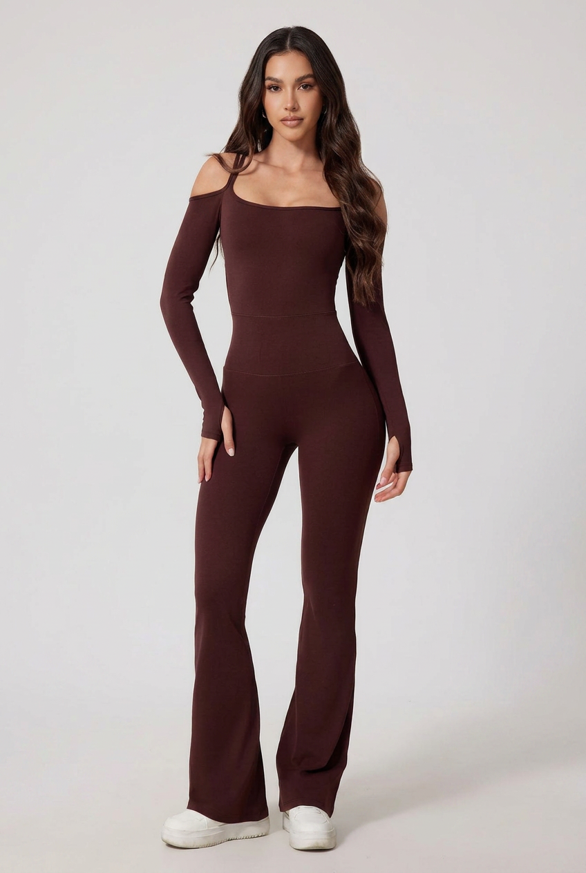 Women’s Off-Shoulder Long Sleeve Jumpsuit – Flared Pants, Backless Chic, Stretchy Nylon