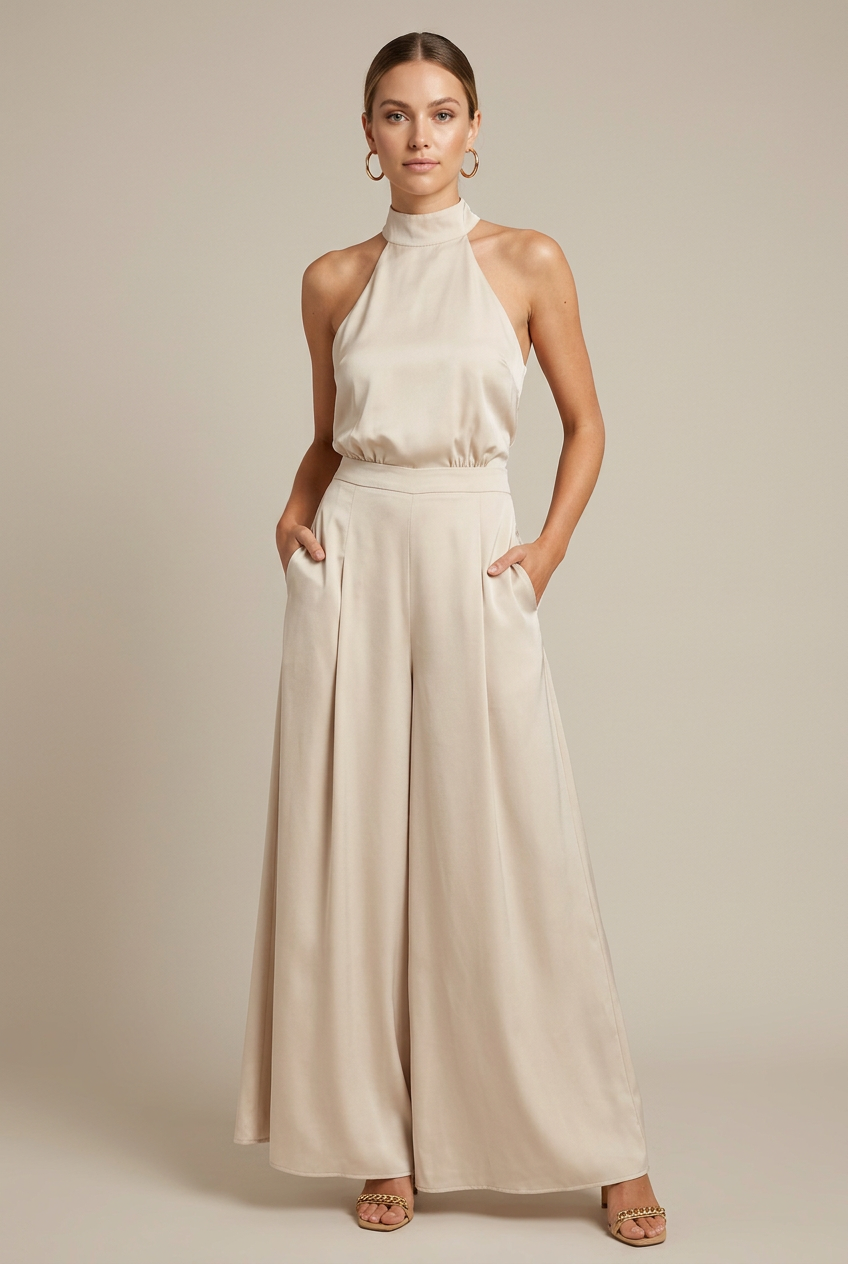 Women’s Off-Shoulder High-Waist Jumpsuit – Wide-Leg Pants, Strapless Chic, Summer Casual
