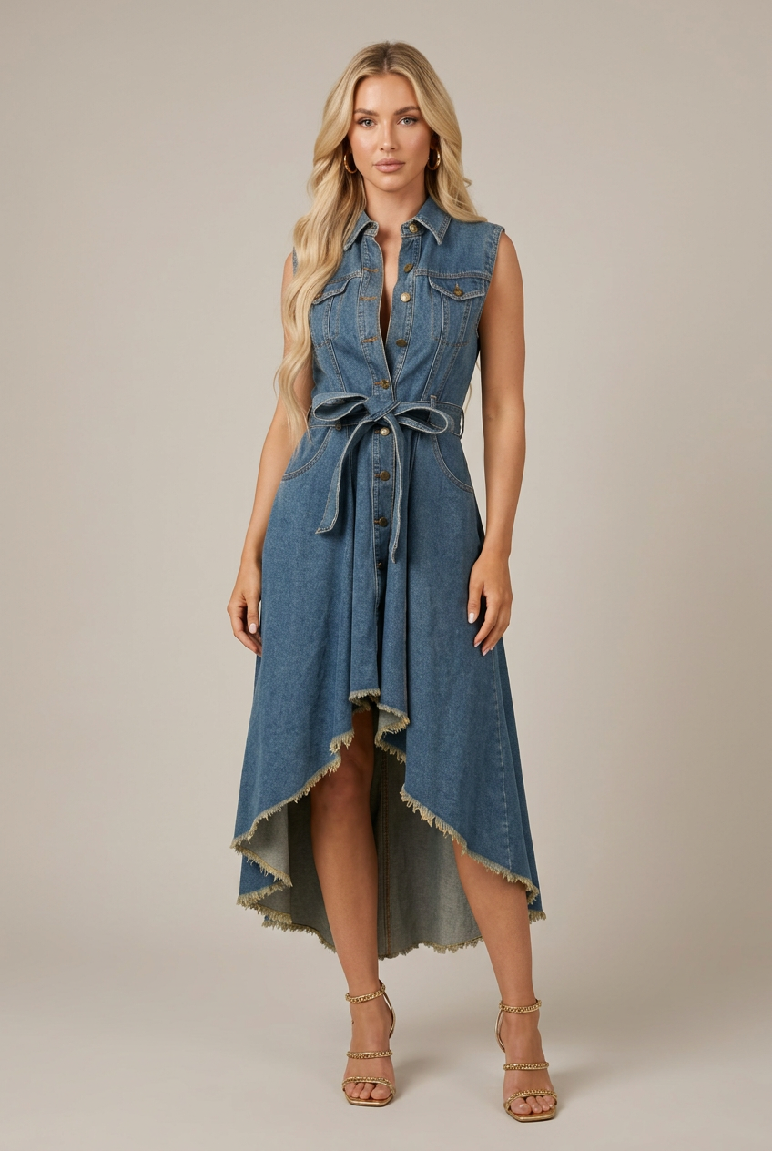 Women's Sleeveless Denim Midi Dress – Lace-Up Waist, Irregular Hem, Button-Front Lapel Collar