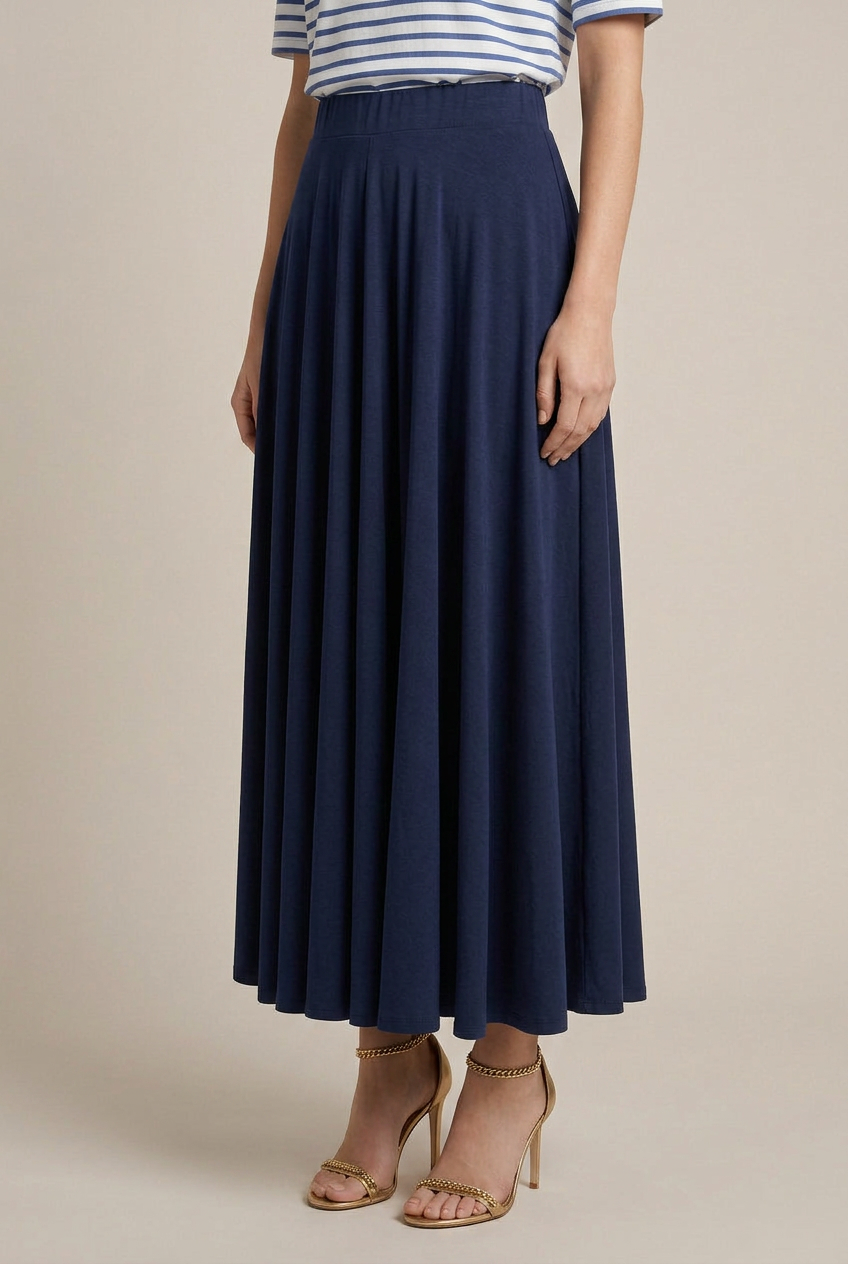 Women's Pleated A-Line Midi Skirt – Soft Cotton Modal Blend, High-Waist Elastic Band, Flowy Umbrella Silhouette