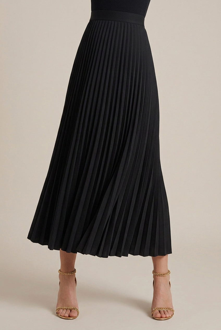 Women's Pleated Wool-Blend Midi Skirt – Draped High-Waist Design, Crumpled Texture, Full Swing Ankle Length
