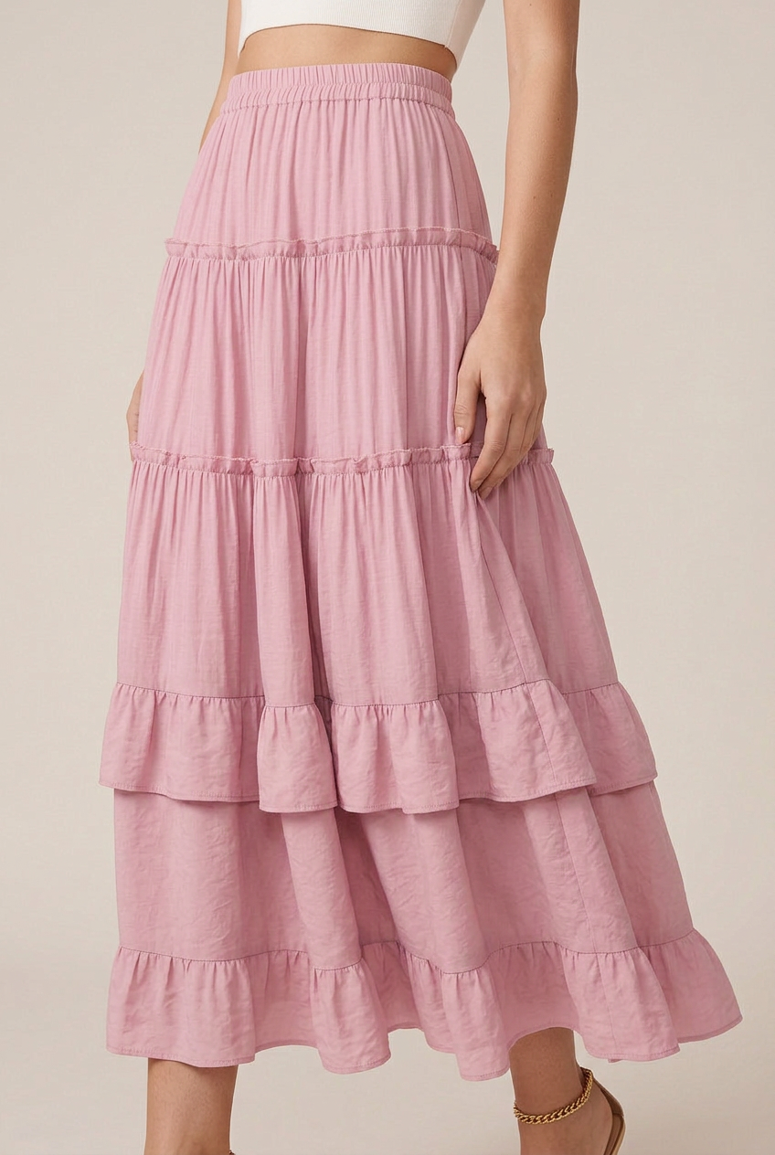 Women's Ruffled Tiered Maxi Skirt – Soft Acrylic Polyester Blend, Micro-Stretch Waist, Cake Hem Silhouette