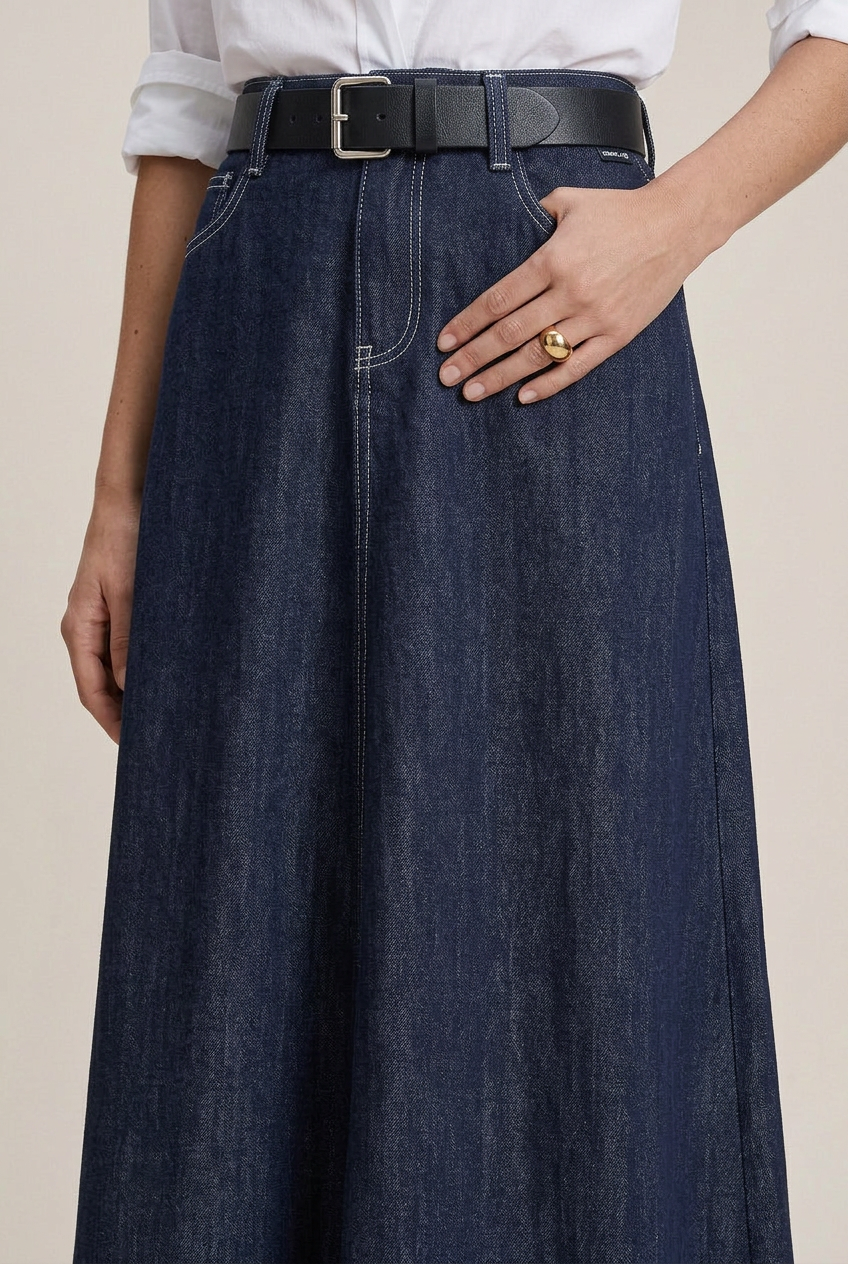 Women's High-Waist Denim Midi Skirt – Tencel Lyocell Cotton Blend, Washed Finish, A-Line Silhouette