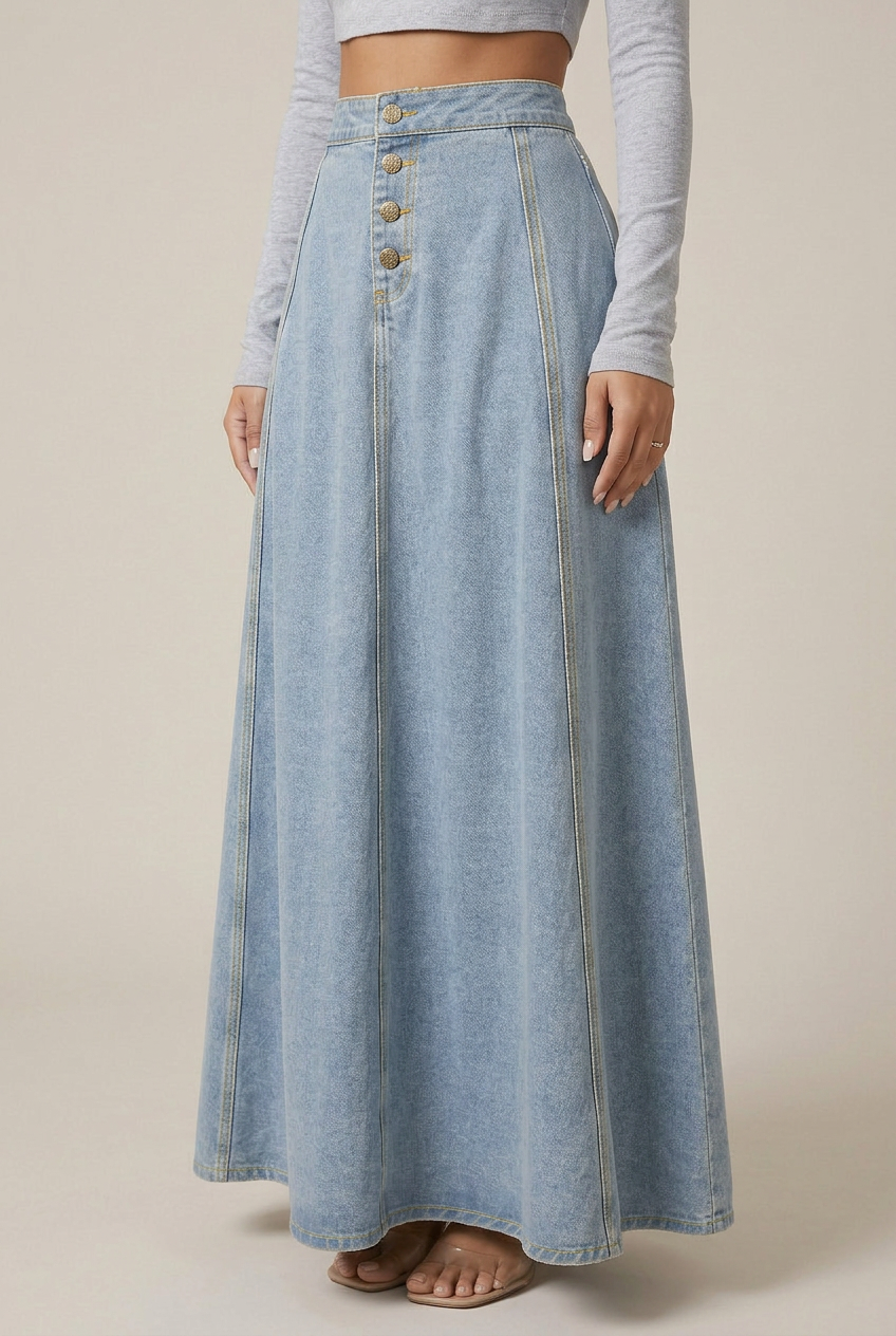 Women's High-Waist Denim Maxi Skirt – Button-Front A-Line Silhouette, Zipper Detail, Solid Wash Finish