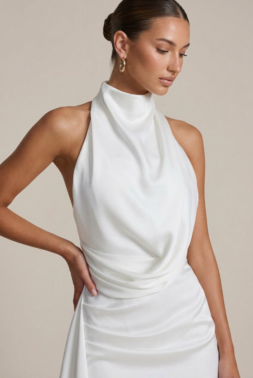 Women's Satin Halter Mini Dress – Backless Bodycon with Ribbon Tie Detail
