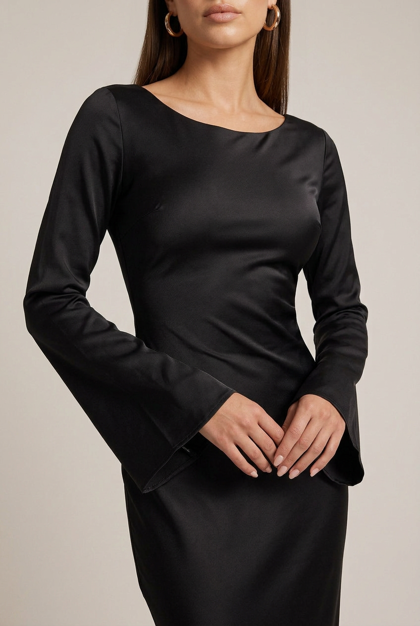 Women's Satin Maxi Bodycon Dress – Round Neck Flare Sleeve Lace-Up Waist