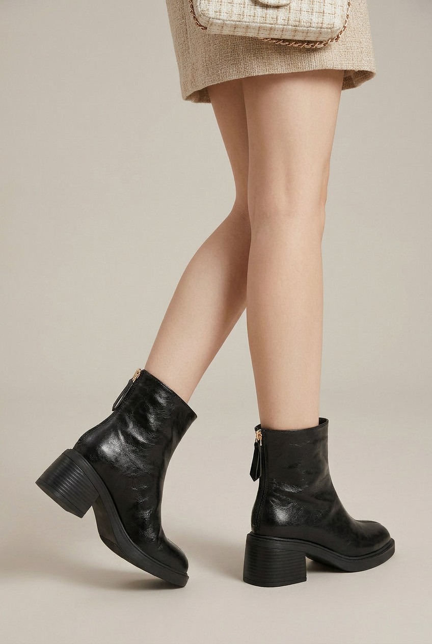 Women's Block Heel Ankle Boots – Square Toe Retro Back Zip Booties