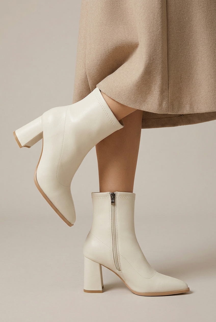 Women's Mid-Top PU Boots - Pointed Toe Back Zipper Thick Heel