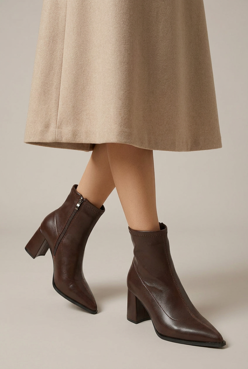 Women's Mid-Top PU Boots - Pointed Toe Back Zipper Thick Heel