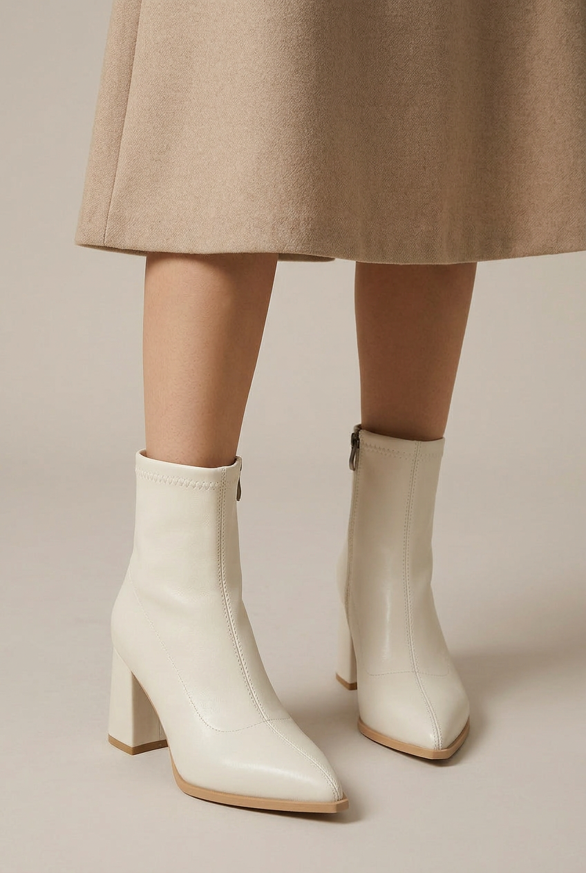Women's Mid-Top PU Boots - Pointed Toe Back Zipper Thick Heel