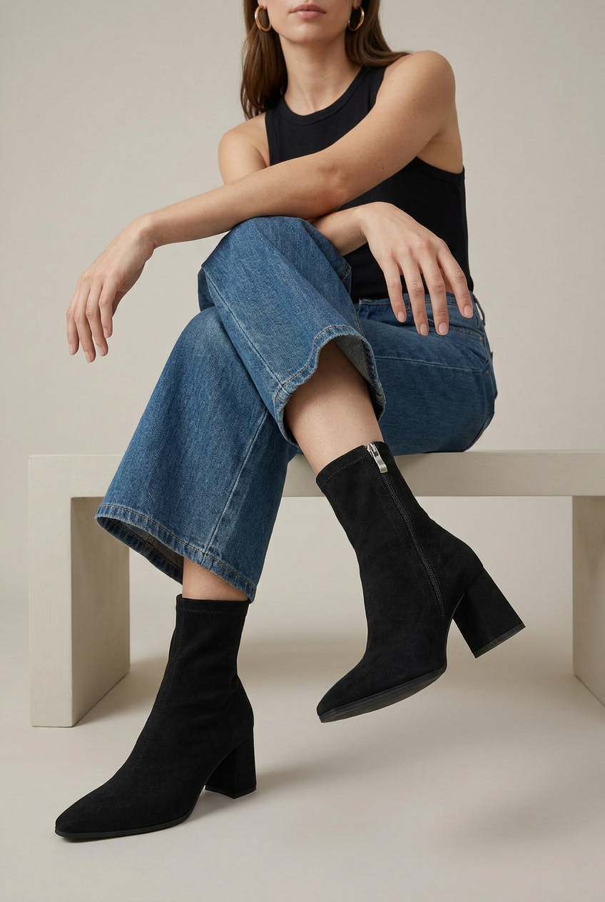 Crescent | Women's Skinny High Heel Boots – Elastic Stretch Fabric Side Zipper Fur-Lined Ankle Boots